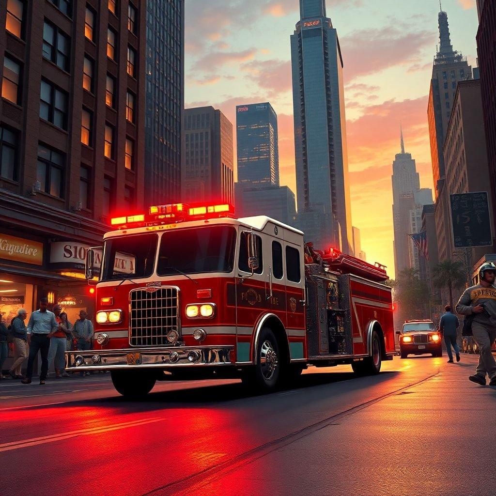 A fire truck driving down a city street, with tall buildings and skyscrapers in the background.