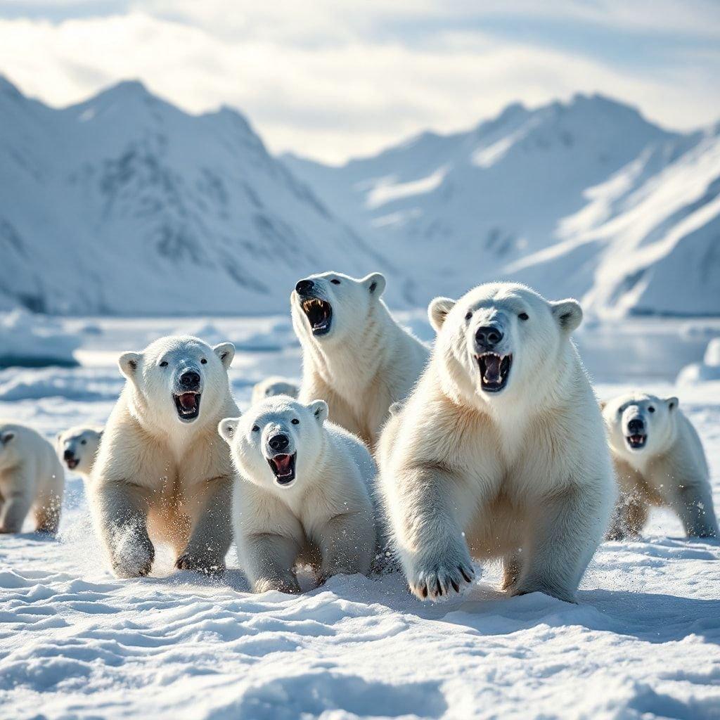 An exhilarating snapshot of life in the Arctic, capturing a lively group of polar bears as they roam the snowy landscape. The dynamic scene encapsulates the adventurous spirit of these magnificent creatures.