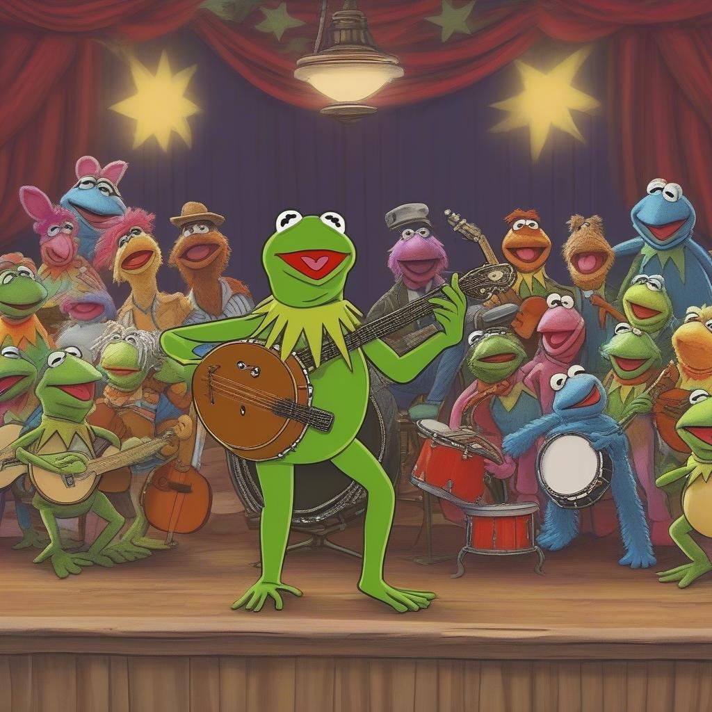 A cheerful scene featuring the beloved characters from the classic cartoon series, singing and playing instruments on a stage. The image captures their lively performance in a celebratory mood, perfect for a wallpaper to brighten up any screen.