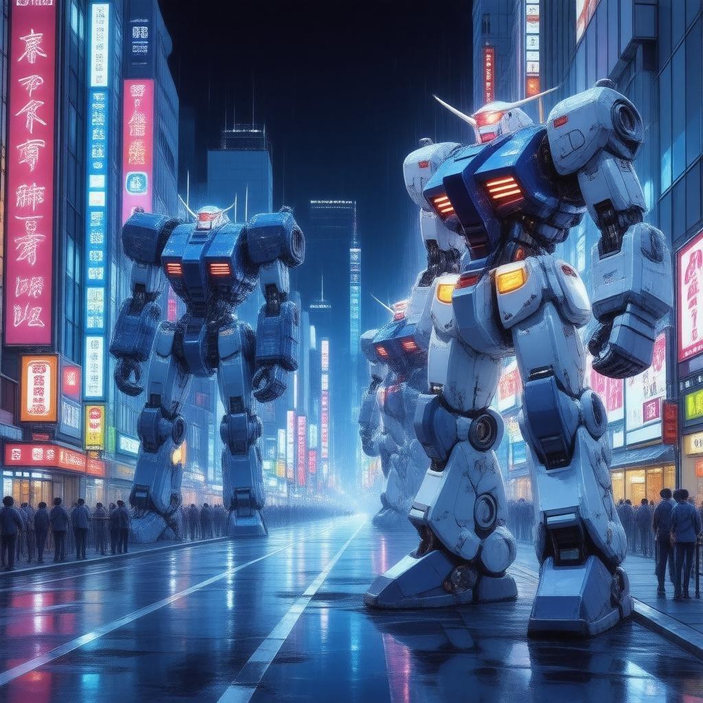 Preparati a immergerti in un vibrante mondo anime con questo straordinario sfondo futuristico di una strada di Tokyo. Robot giganti si aggirano per le strade, illuminate da vivaci luci blu e verdi, creando un'atmosfera elettrizzante.