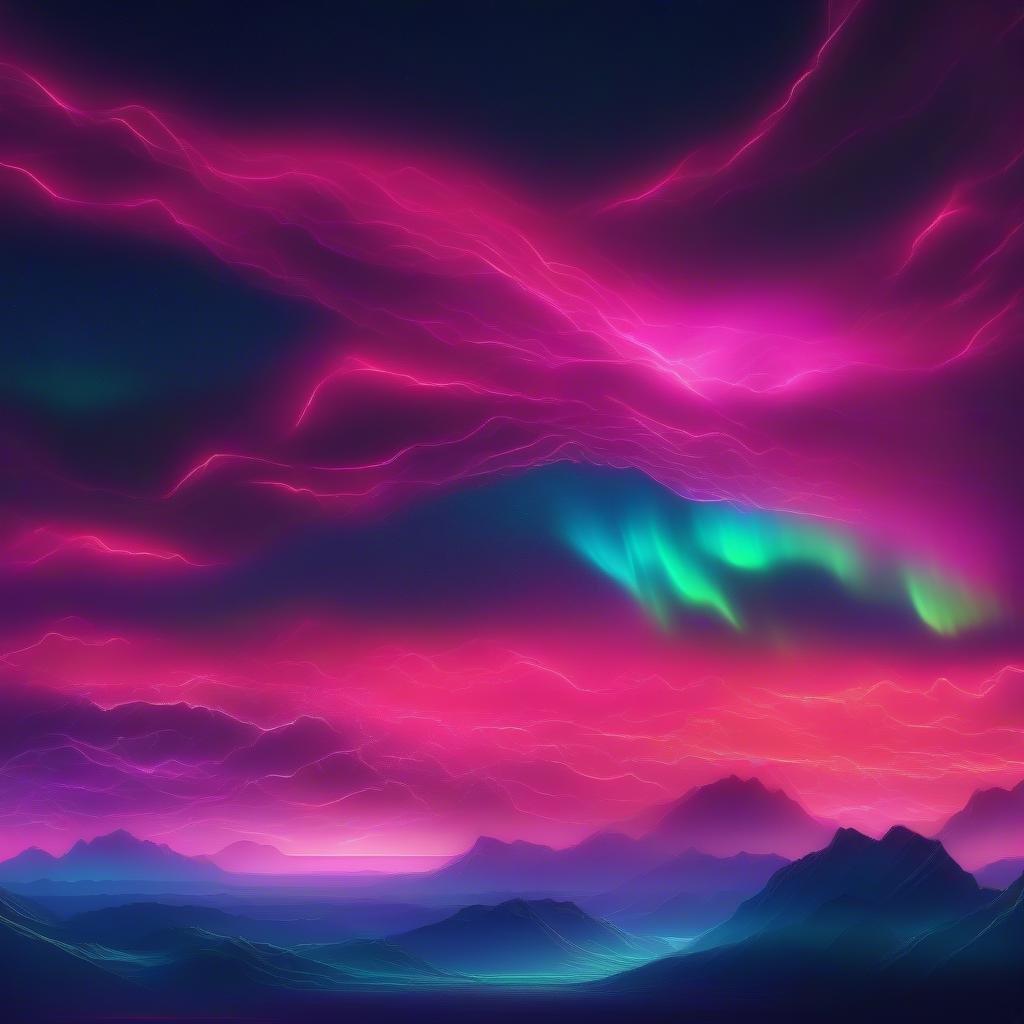 An abstract portrayal of a vibrant sky with clouds that change colors, set against the backdrop of a tranquil mountain range.