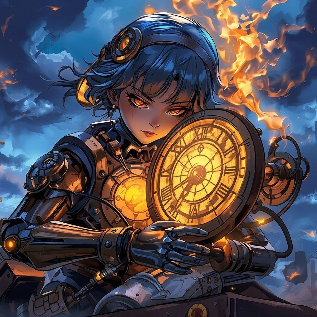 This anime steampunk robot girl is a captivating digital illustration that brings together the worlds of technology and fantasy. With intricate details and a warm yellow light, she repairs a vintage clockwork machine, showcasing her mechanical prowess.