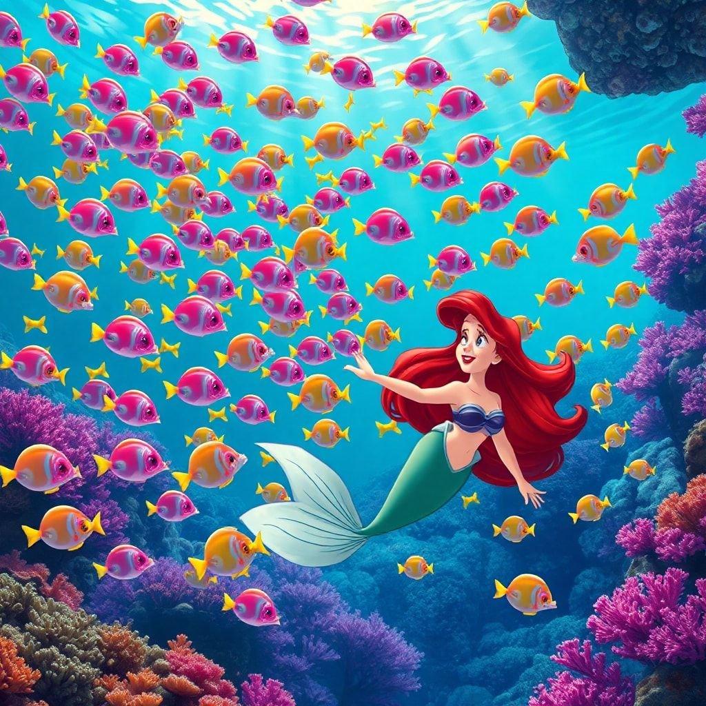 Join Disney's beloved mermaid, Ariel, as she swims amongst a school of vibrant tropical fish in her magical underwater kingdom.