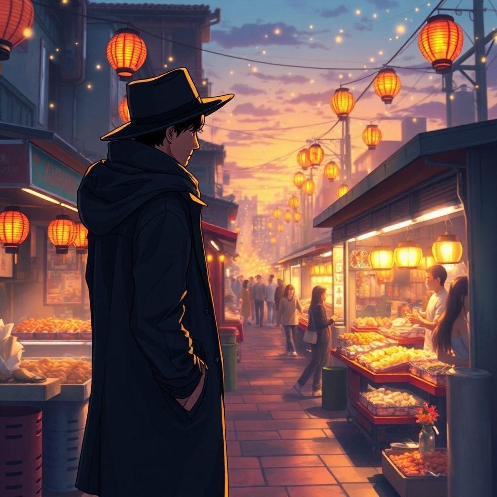 Una vivace scena di strada in stile anime al crepuscolo, con venditori di cibo e lanterne colorate che riempiono l'aria. Una figura solitaria in un abito scuro si trova sul bordo del mercato affollato, osservando il calore luminoso.