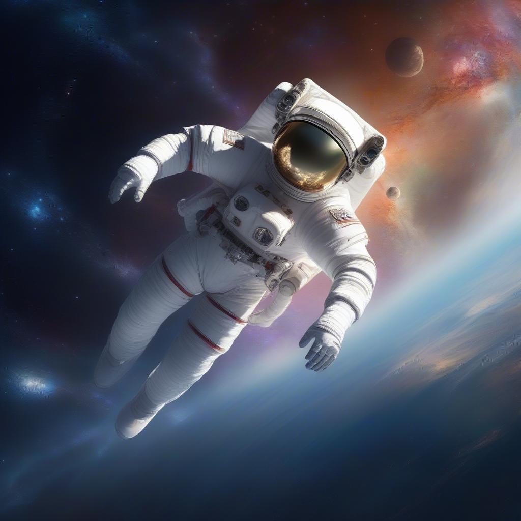 An astronaut in a space suit, floating amidst the stars with planets visible in the distance, showcasing the vastness and beauty of space.