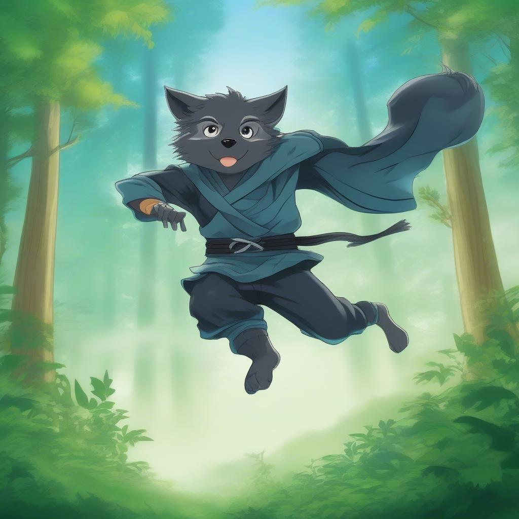 Descubre el mundo de los ninjas y los lobos en esta vibrante ilustración de anime. Un joven ninja, hábil y ágil, salta a través de un bosque brumoso con un sentido de aventura. El enfoque central es un lobo que lleva a otro lobo, simbolizando la camaradería y el trabajo en equipo. El exuberante bosque verde forma un fondo sereno, mientras que el brillante cielo azul añade profundidad a la escena. El salto dinámico del ninja y la actitud pacífica de los lobos capturan un momento de alegría y compañerismo.