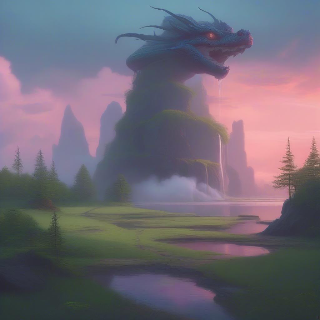 This fantastical scene features a majestic dragon atop a rocky outcropping, with a tranquil lake and waterfall in the background. The sky is painted with hues of pink and blue as if it's either sunrise or sunset. This scene is perfect for those who love fantasy worlds and magical creatures.