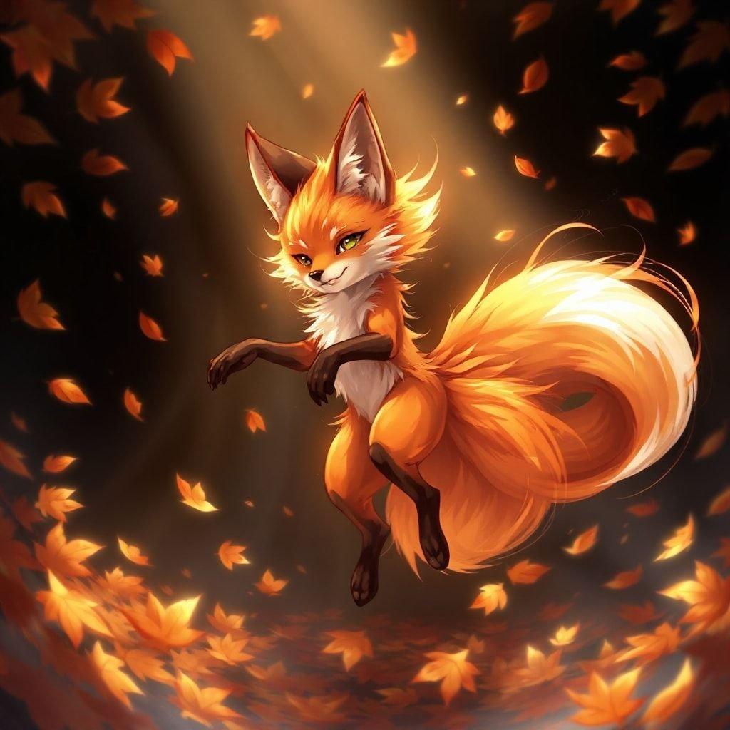 A captivating digital illustration of a fox spirit dancing amidst a swirling vortex of autumn leaves, blending fantasy and reality.