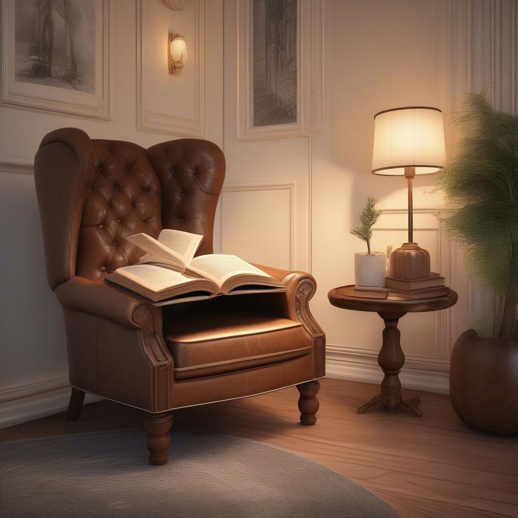 Créez une expérience de lecture sereine et sophistiquée avec ce luxueux fauteuil en cuir et un bon livre.