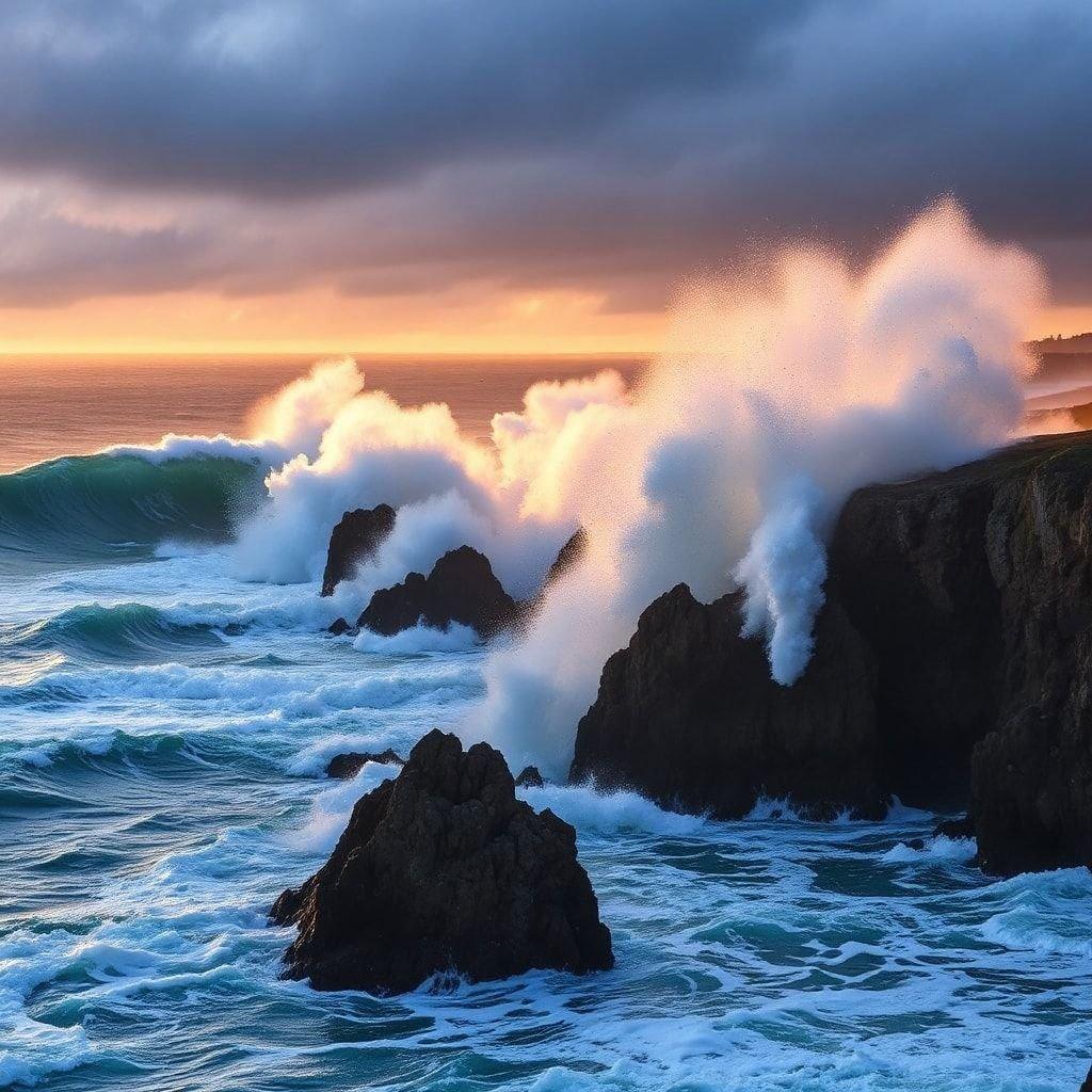 This stunning coastal scene captures the raw power of nature. The sun, setting in the distance, casts a warm glow over the ocean waves that crash violently against the rocky cliffs. The spray from the water creates a dramatic and dynamic foreground, making this an ideal wallpaper for those who appreciate the beauty of our natural world.