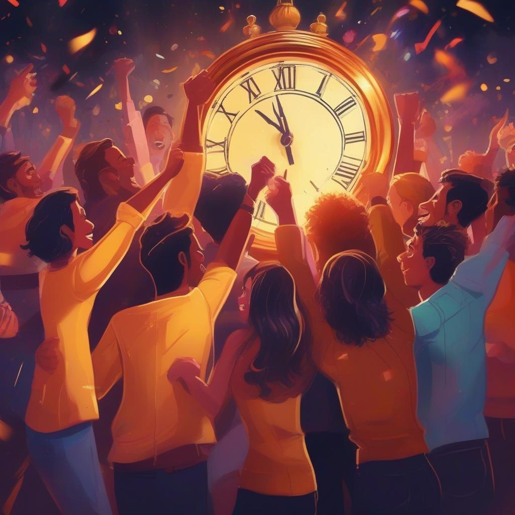 A lively crowd gathering to celebrate the start of a new year with cheering, champagne and fireworks. The iconic clock signifies midnight and the beginning of a new year.