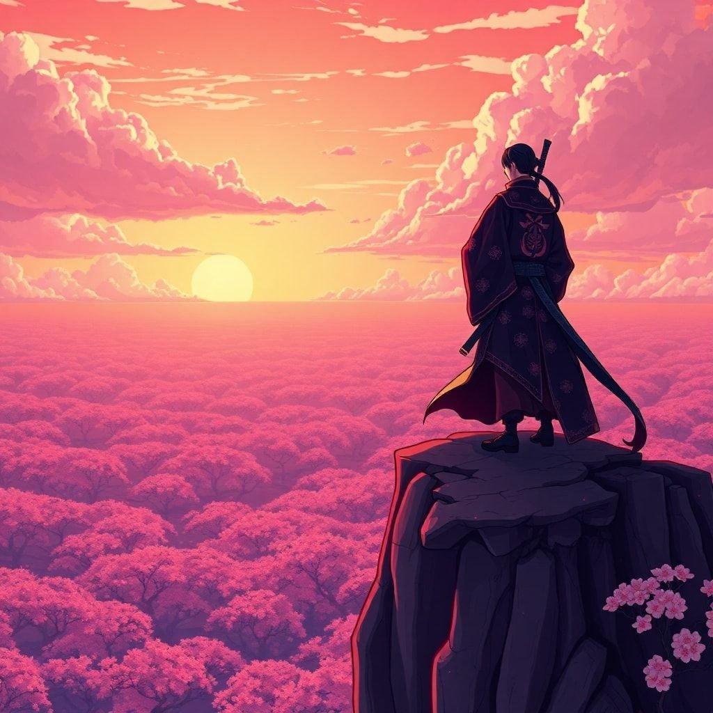 Ce fond d'écran inspiré de l'anime présente un samouraï debout sur une falaise, regardant un océan d'arbres en fleurs de cerisier, sur fond d'un ciel de coucher de soleil à couper le souffle avec des nuages roses et orange.