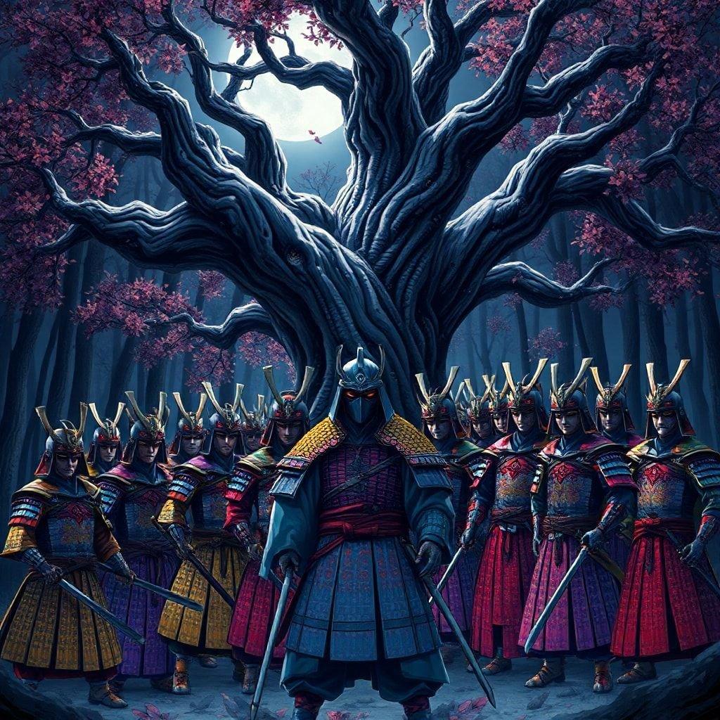 Tauchen Sie ein in die mystische Welt des Anime mit diesem fesselnden Wallpaper, das eine Gruppe von Samurai-Kriegern zeigt, die vor einem alten, geheimnisvollen Baum Wache stehen, vor dem dunklen Waldhintergrund mit einem sanften Mondlichtschein.