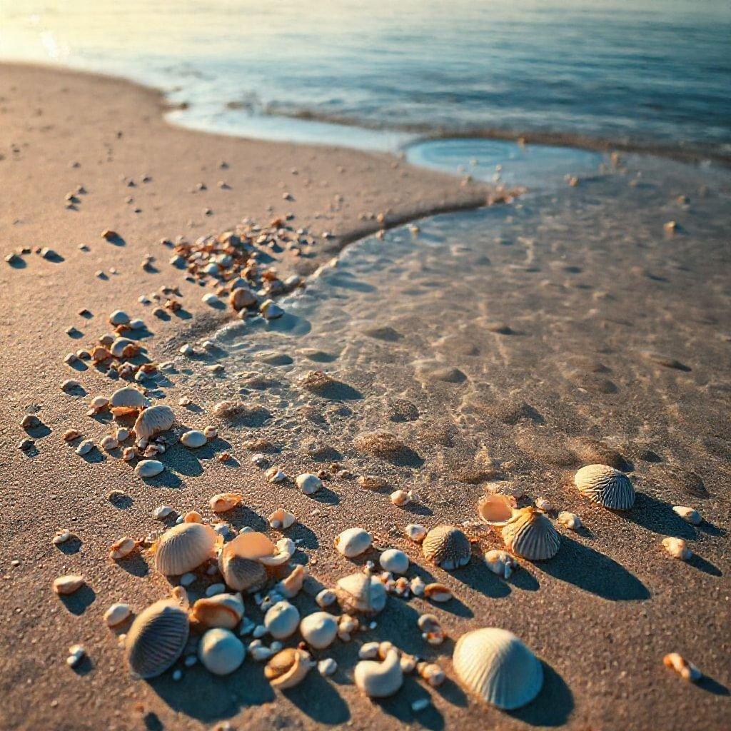 Enjoy the tranquil beauty of a sandy beach at sunset, with seashells scattered gently in the foreground.