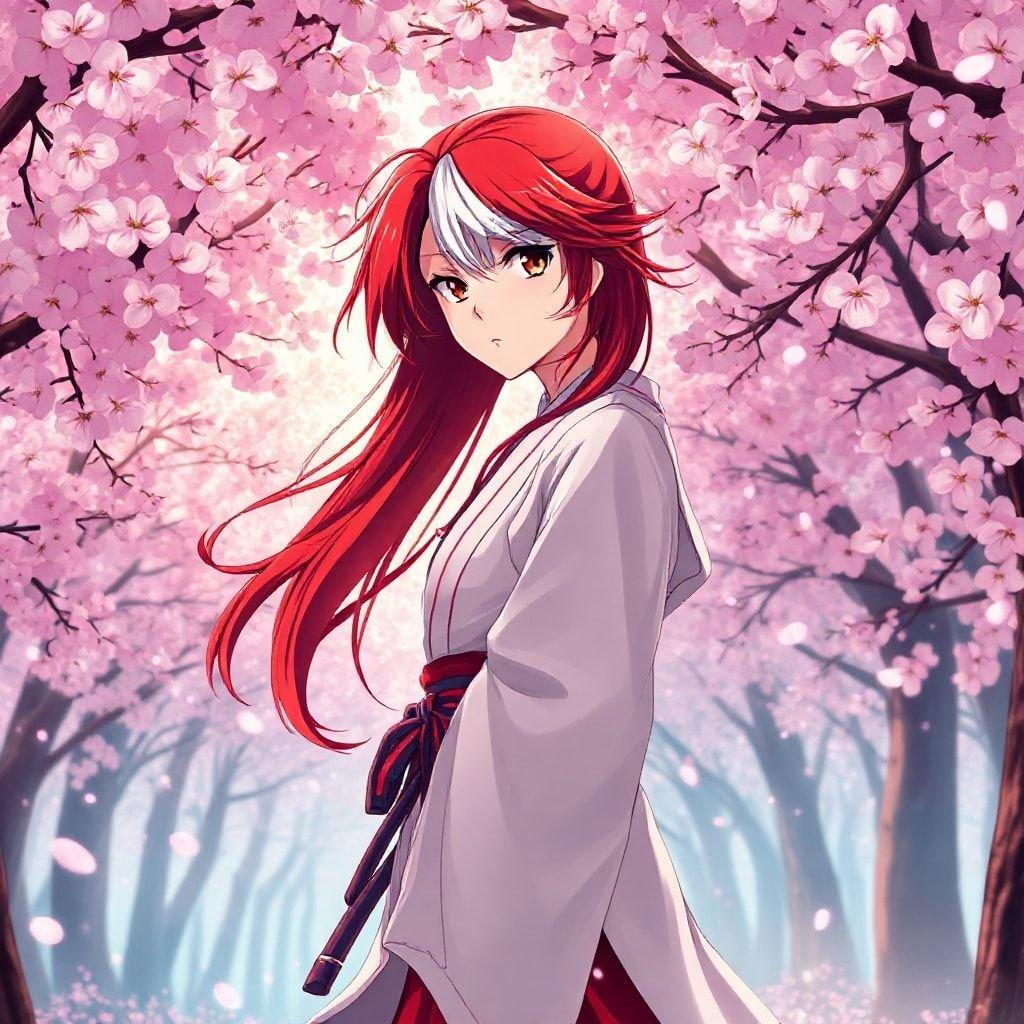 Immerse yourself in the serene beauty of this anime wallpaper featuring a young samurai amidst a stunning cherry blossom forest. The vibrant red and white hair of the samurai stands out against the backdrop of pink cherry blossoms, creating a captivating scene that transports you to a world of enchantment and tranquility.