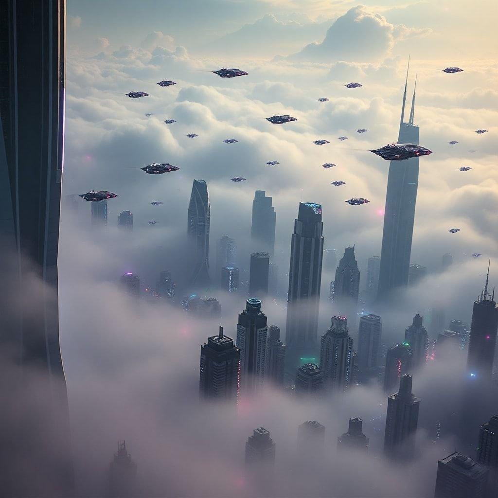 A futuristic city skyline with flying saucers, where reality blurs with science fiction. This image is a stunning example of sci-fi landscapes.