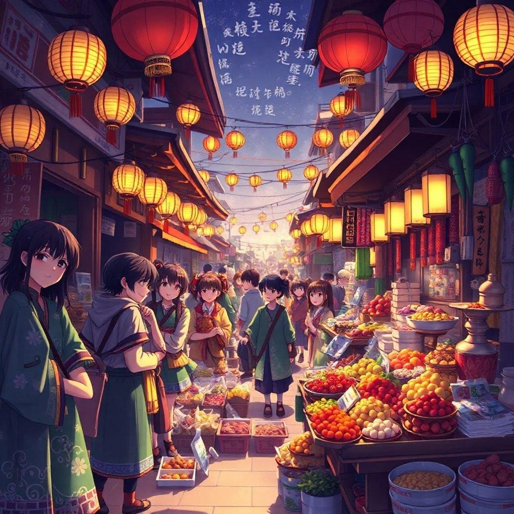 A lively anime-style marketplace teeming with traditional vendors dressed in vibrant outfits. The scene is richly detailed, creating a warm and inviting atmosphere.