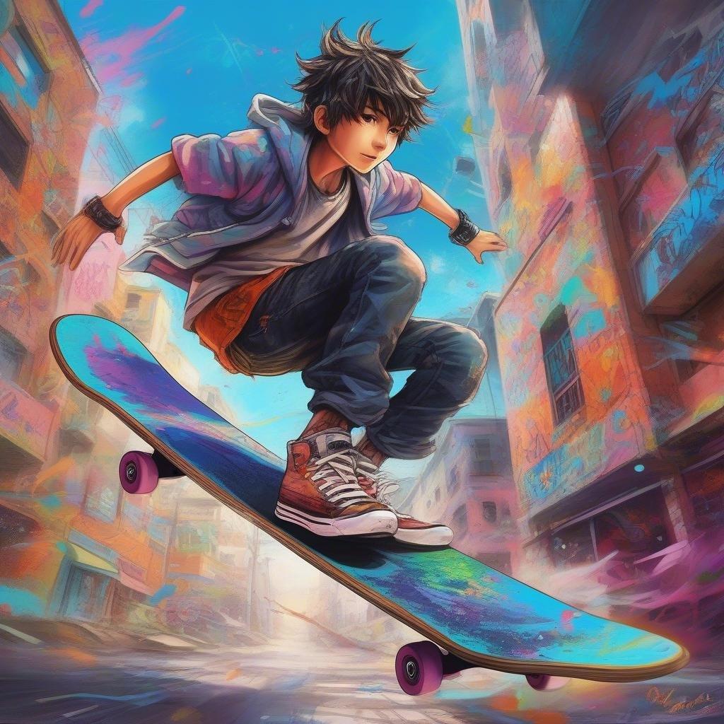 This anime-style wallpaper features a young boy skateboarding in a vibrant urban setting, perfect for desktop and mobile use.