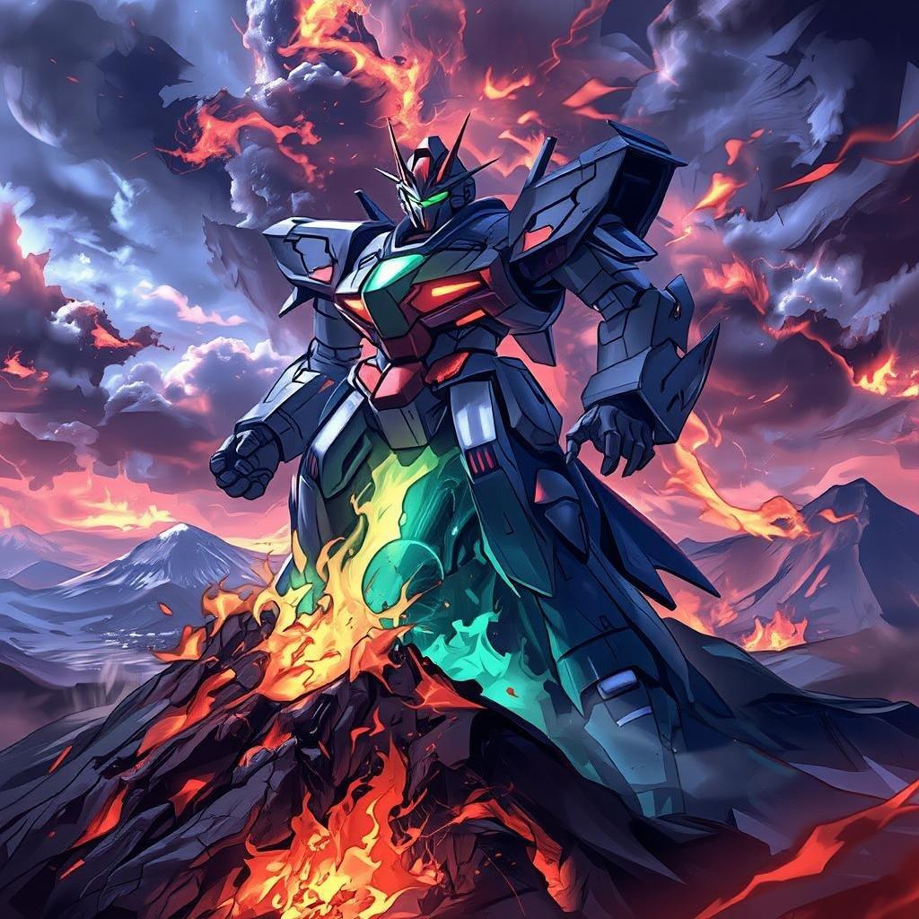 This anime-style mecha robot illustration is a stunning representation of futuristic technology and powerful design. With its sleek blue and green body, the robot rises from the volcanic island's base, surrounded by a dramatic stormy sky. The large volcano in the foreground glows with an otherworldly light, while the distant mountain range adds depth and scale to the scene. This image is perfect for fans of anime and science fiction, offering a unique blend of action and fantasy.