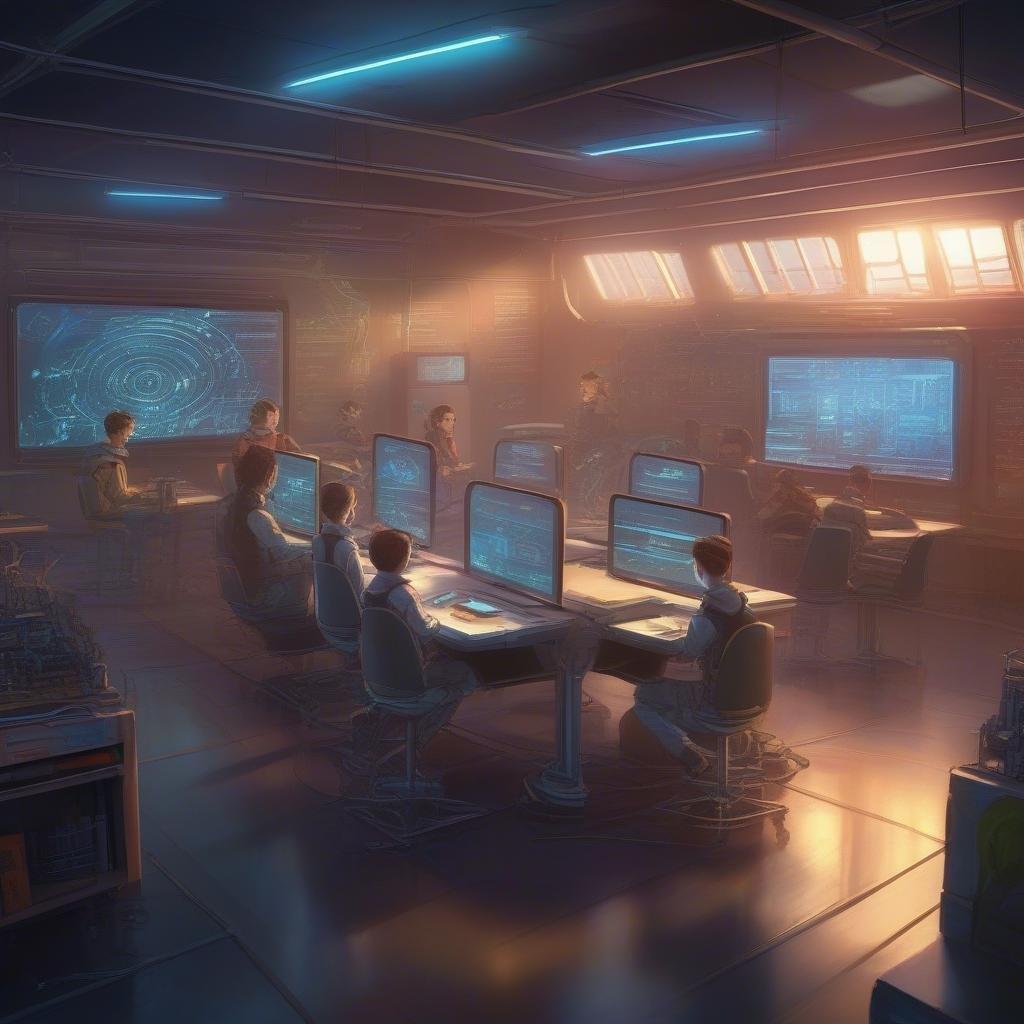 Immerse yourself in the future of education with this captivating wallpaper, showcasing a cutting-edge classroom where technology meets learning.