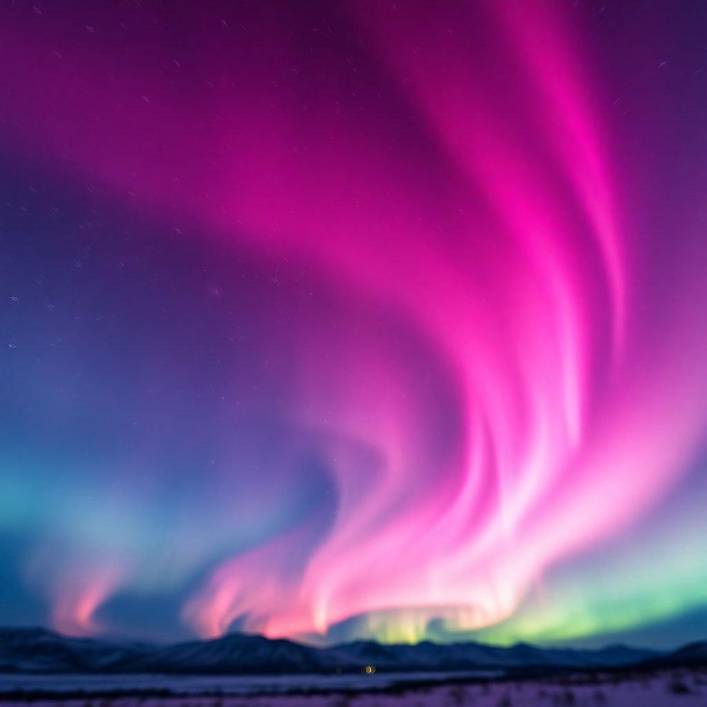 Vivid aurora borealis dance across the dark sky, a breathtaking pattern in nature