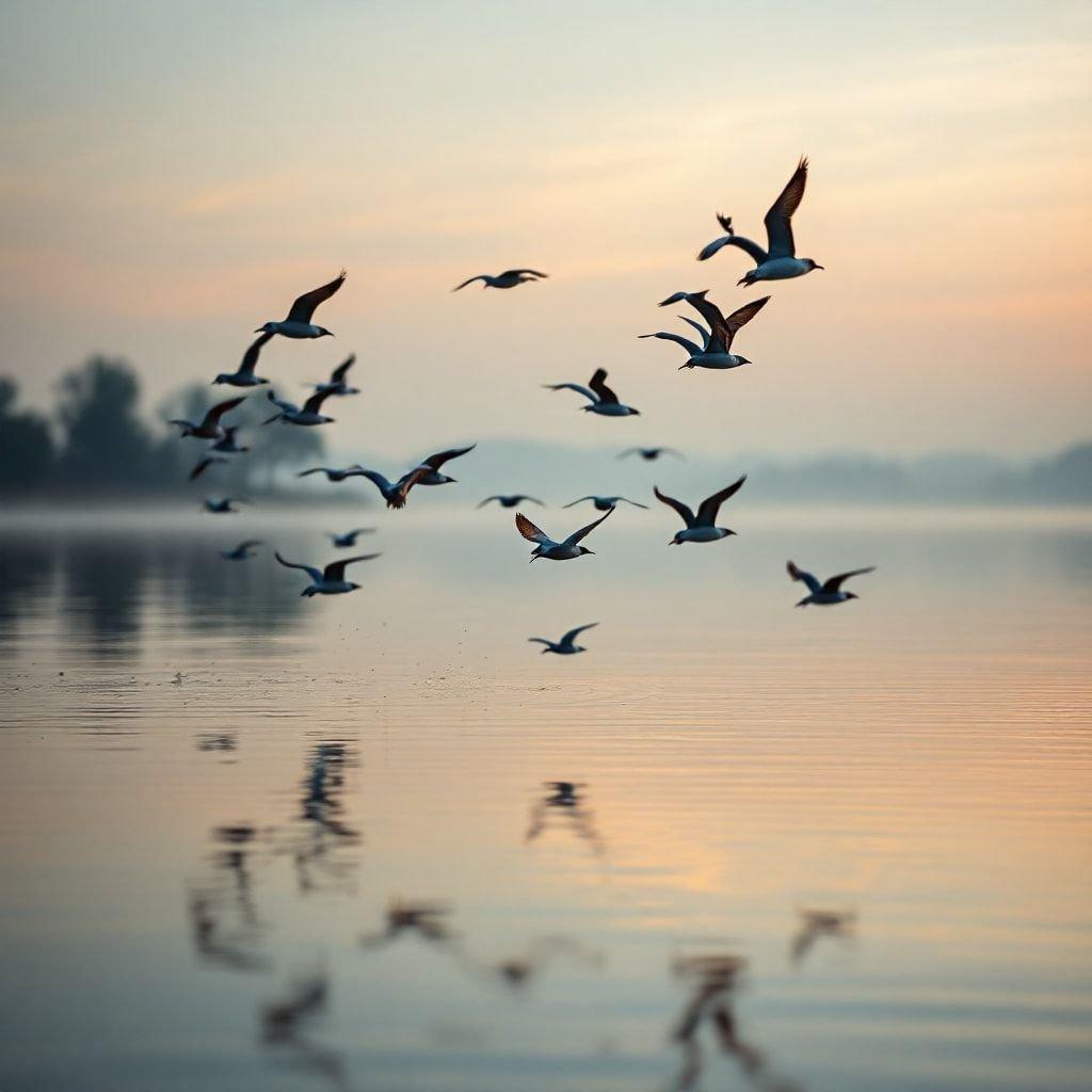 A picturesque scene as birds take flight over a calm body of water. The sun is setting, casting long shadows and bathing the scene in warm hues.