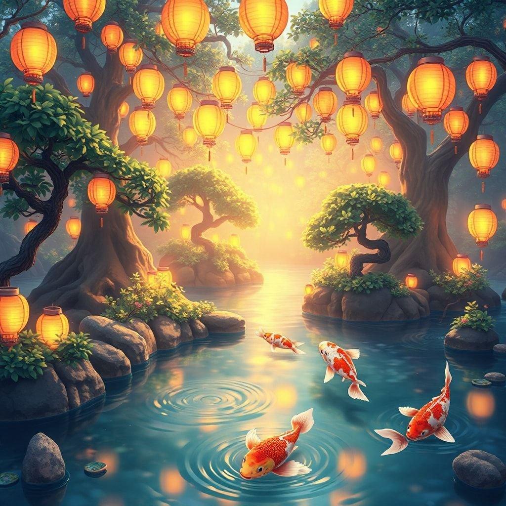 Immerse yourself in the tranquil beauty of this anime-inspired garden wallpaper, where glowing lanterns, bonsai trees, and Koi fish come together to create a serene and peaceful atmosphere.