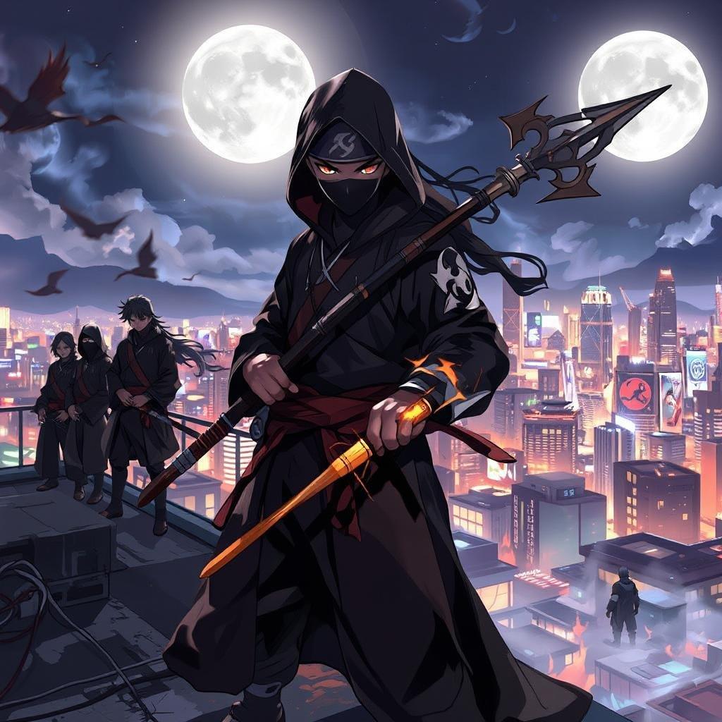 A group of young ninjas embark on an adventurous nighttime mission against the backdrop of a glowing cityscape under the moonlight.