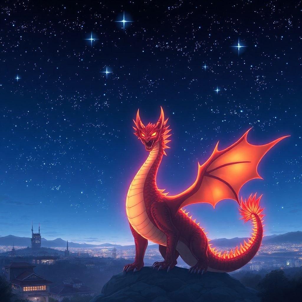 Vivi il fascino di questo drago in stile anime che si erge maestosamente sotto il cielo notturno. Con occhi e coda infuocati, è uno spettacolo da vedere. Le luci della città in lontananza aggiungono profondità a questa scena serena.