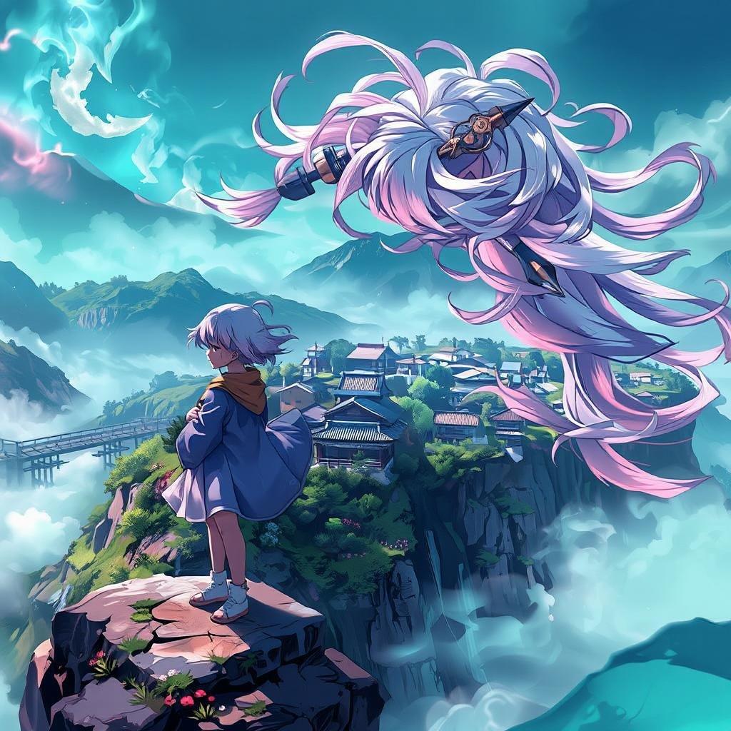 Immerse yourself in the serene beauty of this anime wallpaper, featuring a young girl with flowing white and pink hair, standing on a cliff overlooking a Japanese village. The tranquil atmosphere, with its lush green and blue hues, is enhanced by a misty backdrop, creating a peaceful and dreamy scene perfect for desktop and mobile use.