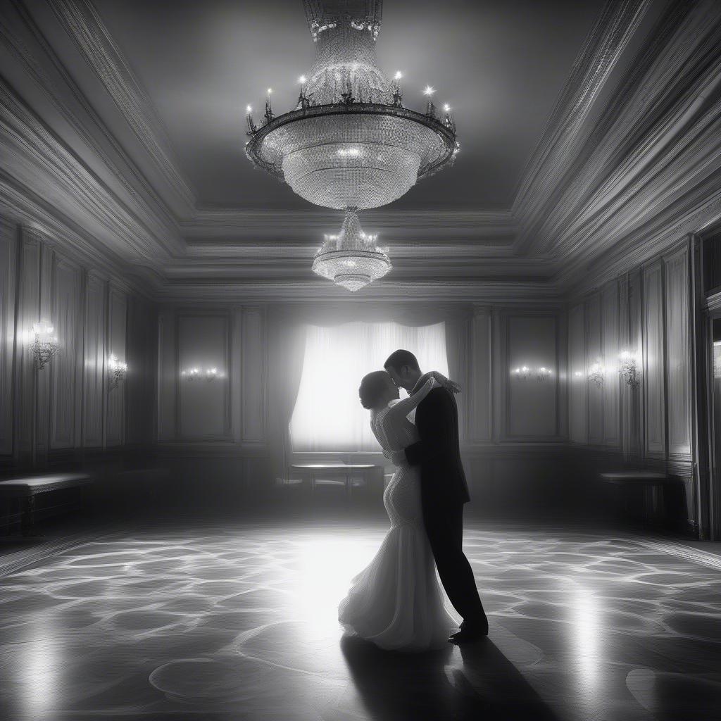 A couple dancing in an elegant ballroom setting, embracing each other during a romantic dance. Celebrate love with this classic and timeless image perfect for Valentine's Day.