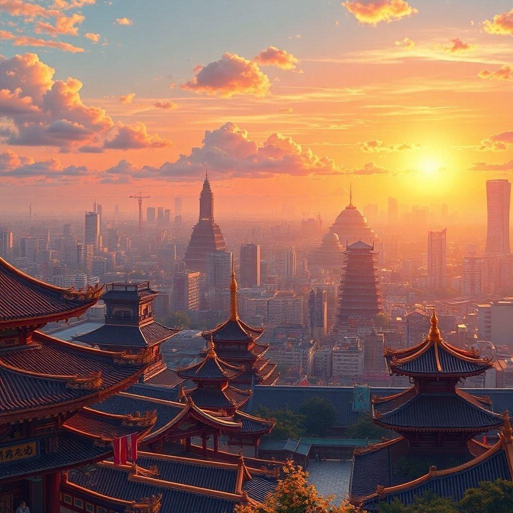 Experience the serene beauty of an anime cityscape at sunset, where ancient temples and a bustling city come together in perfect harmony.