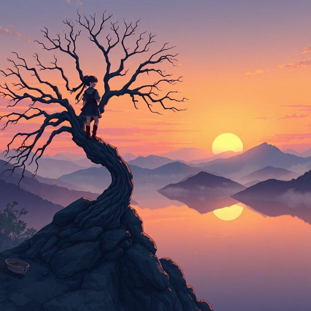 Experience the serene beauty of an anime sunset with a young ninja warrior standing on a mountain peak, her silhouette highlighted by the soft light of the setting sun. The serene lake below is a canvas of calm, reflective water, with a small boat docked to the left. The foreground features a tall, leafless tree with a thick trunk and a slender trunk, while the background fades into misty mountains.