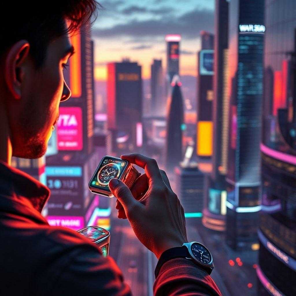 A man in an urban setting at sunset, holding a phone to his ear. The city is illuminated with vibrant advertisements and lights.