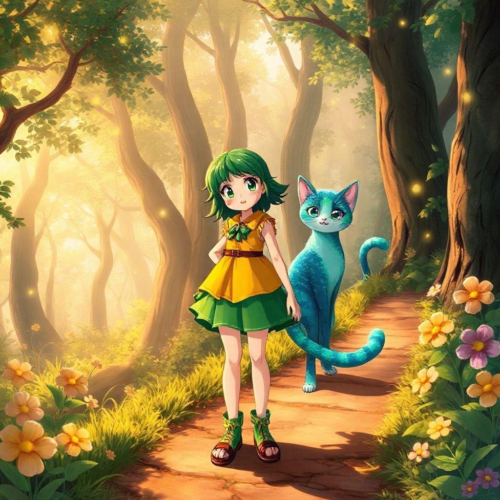 Treten Sie ein in eine Welt voller Wunder mit diesem anime-inspirierten Wallpaper, das ein junges Mädchen und ihre magische Katze in einem verzauberten Wald zeigt.