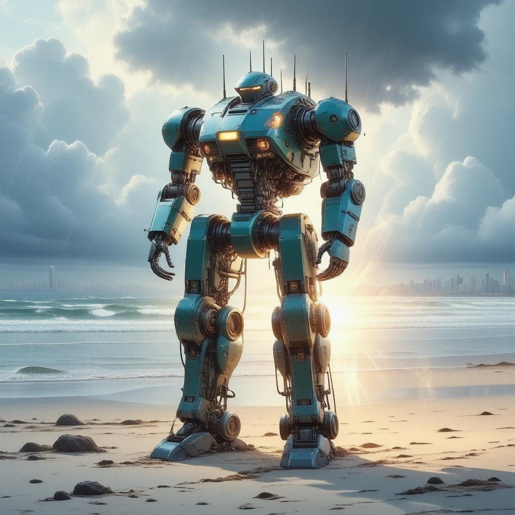 En detaljerad digital illustration av en futuristisk mecha-robot som står på en öde strand, avger ett varmt ljus och har en röra av mekaniska delar och kablar, vilket skapar en anime-liknande bild.