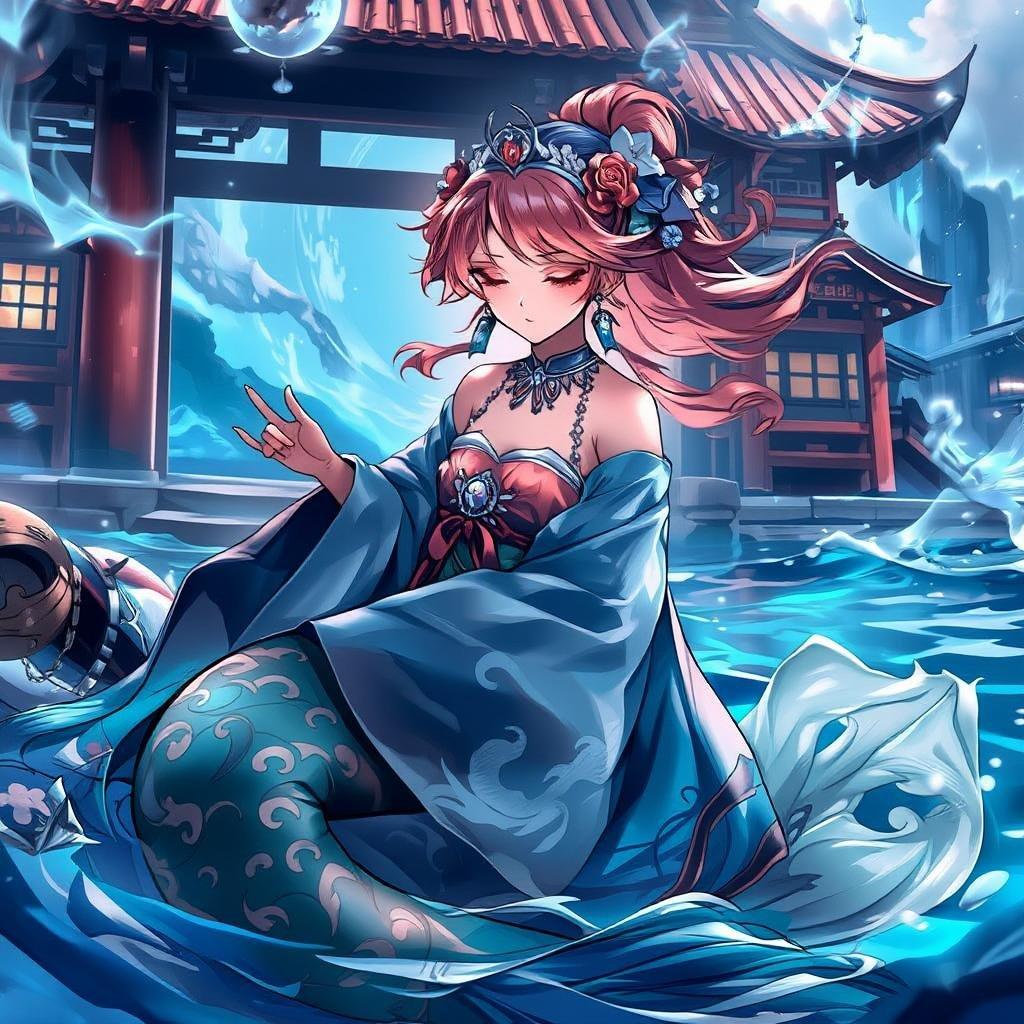 Dans cette scène enchanteresse d'un ancien temple japonais, une charmante princesse sirène chante des profondeurs des eaux bleu profond. Son vêtement vibrant, orné de détails complexes et de couleurs riches, contraste magnifiquement avec l'environnement serein. L'architecture du temple sert de toile de fond époustouflante à ce moment mystique, créant une atmosphère harmonieuse qui capture l'essence de la culture anime.