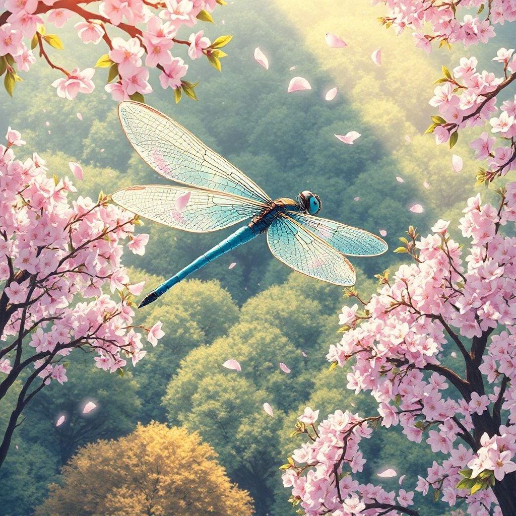 Eine fantastische Anime-Stil Libelle schwebt über einem üppigen Wald. Die lebendige Szene ist mit Kirschblüten geschmückt und schafft eine magische Atmosphäre.