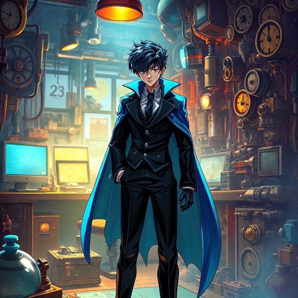 Intriguing digital illustration of a scientist in a steampunk setting. This figure, dressed in a black suit with a blue cape, stands amidst clockwork and machinery in a cluttered laboratory, creating an atmosphere of mystery and intellectual pursuit.