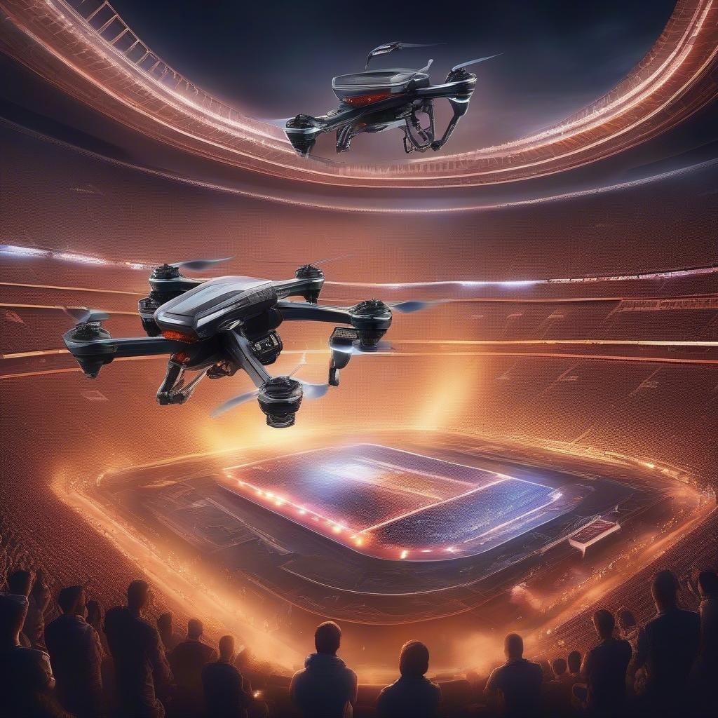 The future of sports technology, as seen through the eyes of an AI drone surveying a bustling stadium below.