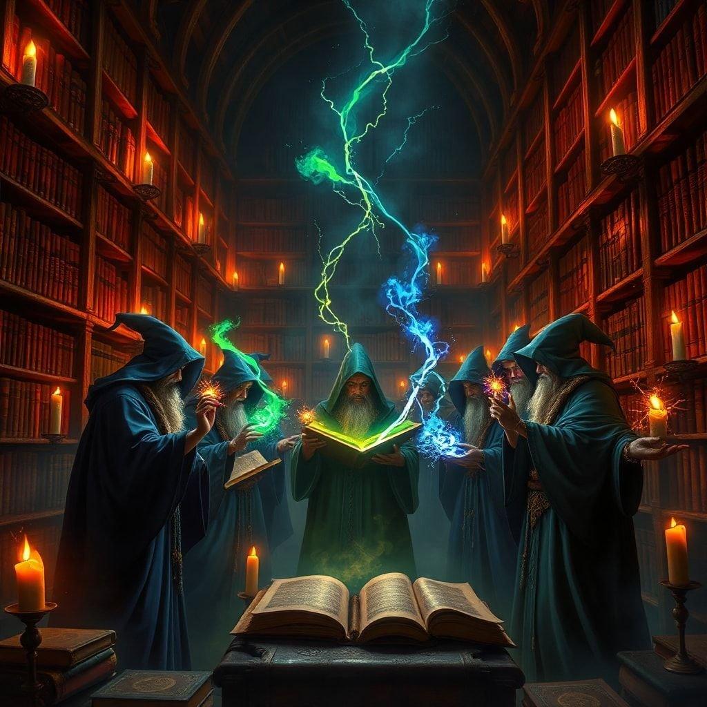 Step into a realm of wonder with this captivating fantasy wallpaper, where wizards gather in a mystical library, surrounded by ancient tomes and illuminated by the soft glow of candles. The image exudes an air of mystique and adventure, inviting you to embark on a journey through the realms of magic and imagination.