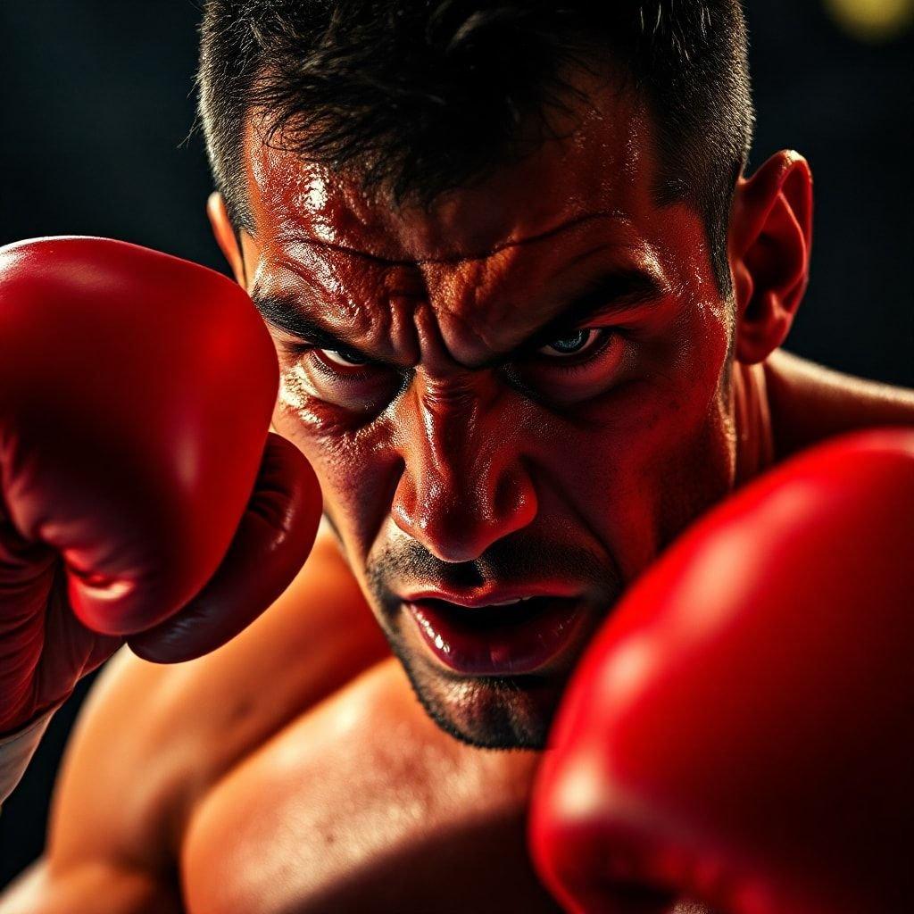 A powerful boxer ready to deliver a knockout punch.