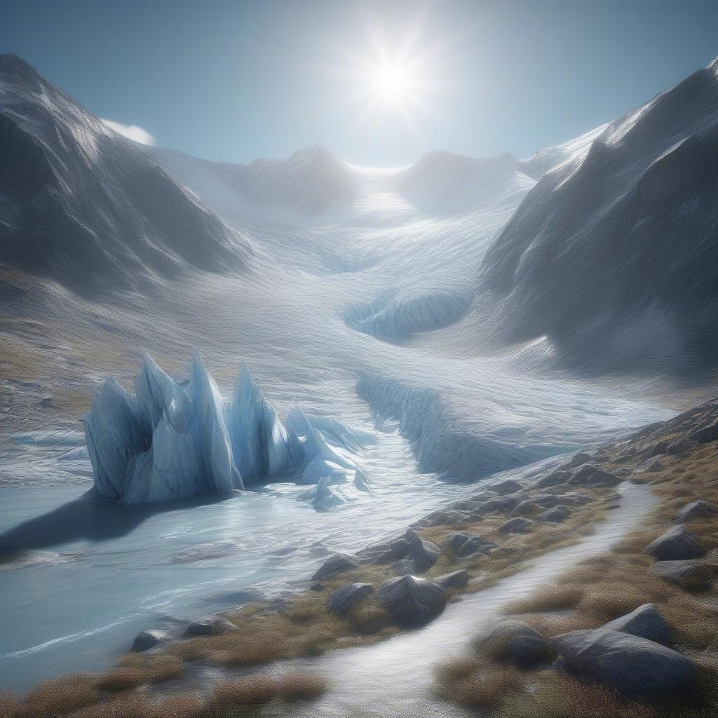 A breathtaking view of a frozen lake nestled among the mountains, with clear skies and radiant sunlight illuminating the scene.