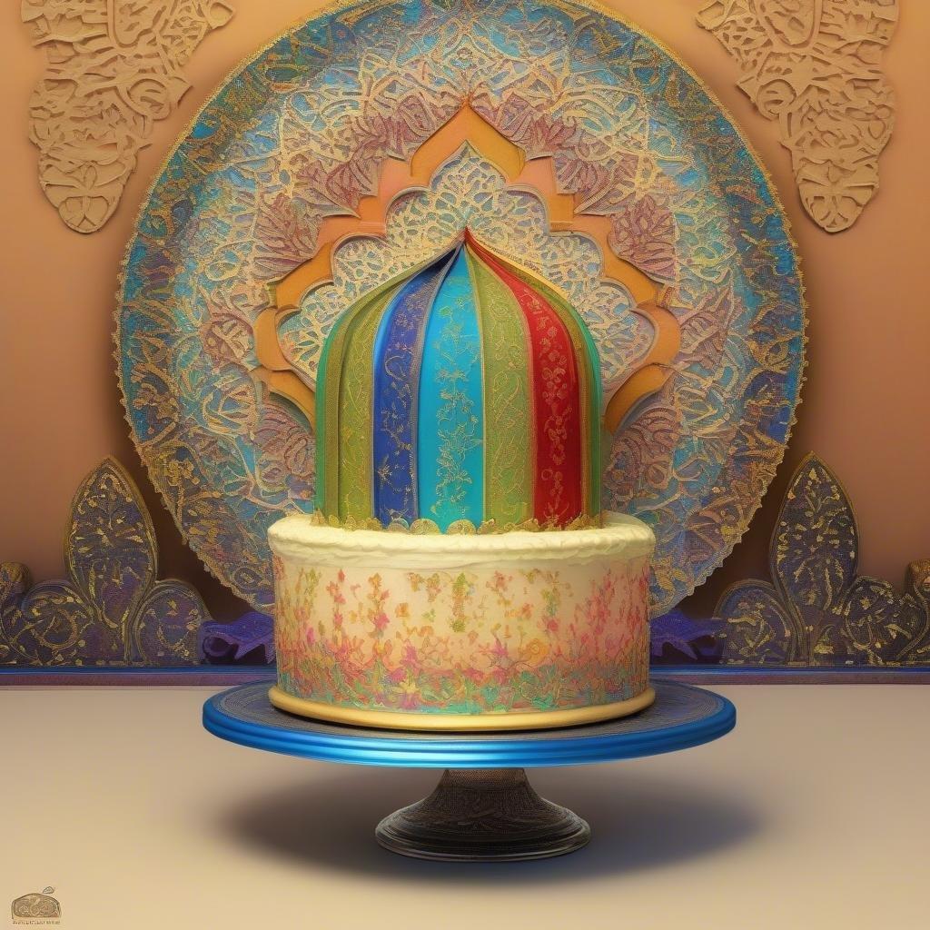 A vibrant and festive wallpaper for Ramadan and Eid celebrations, featuring a beautifully decorated cake as the centerpiece.