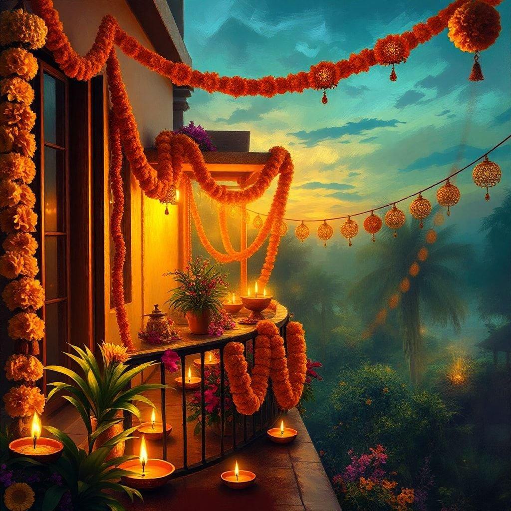 This beautiful image captures the essence of Diwali, the Hindu festival of lights. The image features a balcony decorated with vibrant orange and yellow flowers, creating a warm and inviting atmosphere. The sky is painted with hues of blue and yellow, adding to the festive ambiance. This image is perfect for those looking to add a touch of Diwali cheer to their desktop or mobile wallpaper.