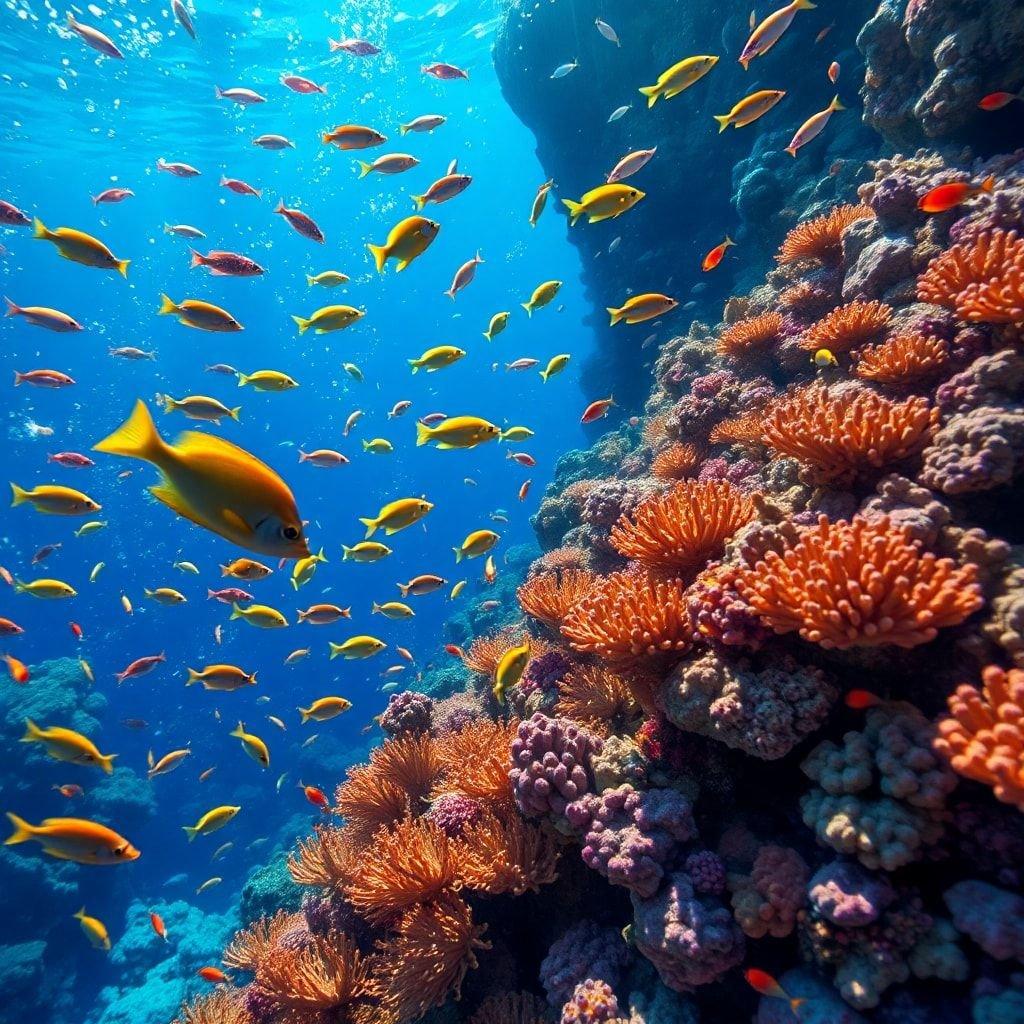 Exploring the colorful underwater world, this ocean reef is a spectacle of marine life with yellow fish swimming around coral and pinkish-red anemones. Dive into a sea of colors and diversity.