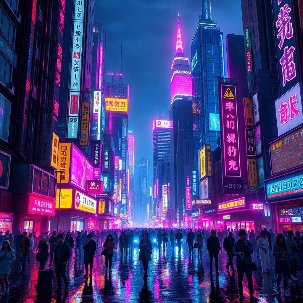 Step into the vibrant world of a futuristic city, where towering skyscrapers and bustling streets come alive with a kaleidoscope of neon lights.