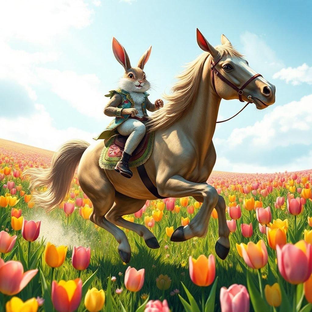 A whimsical Easter-themed scene featuring a bunny character joyfully riding a horse through a field of vibrant tulips.