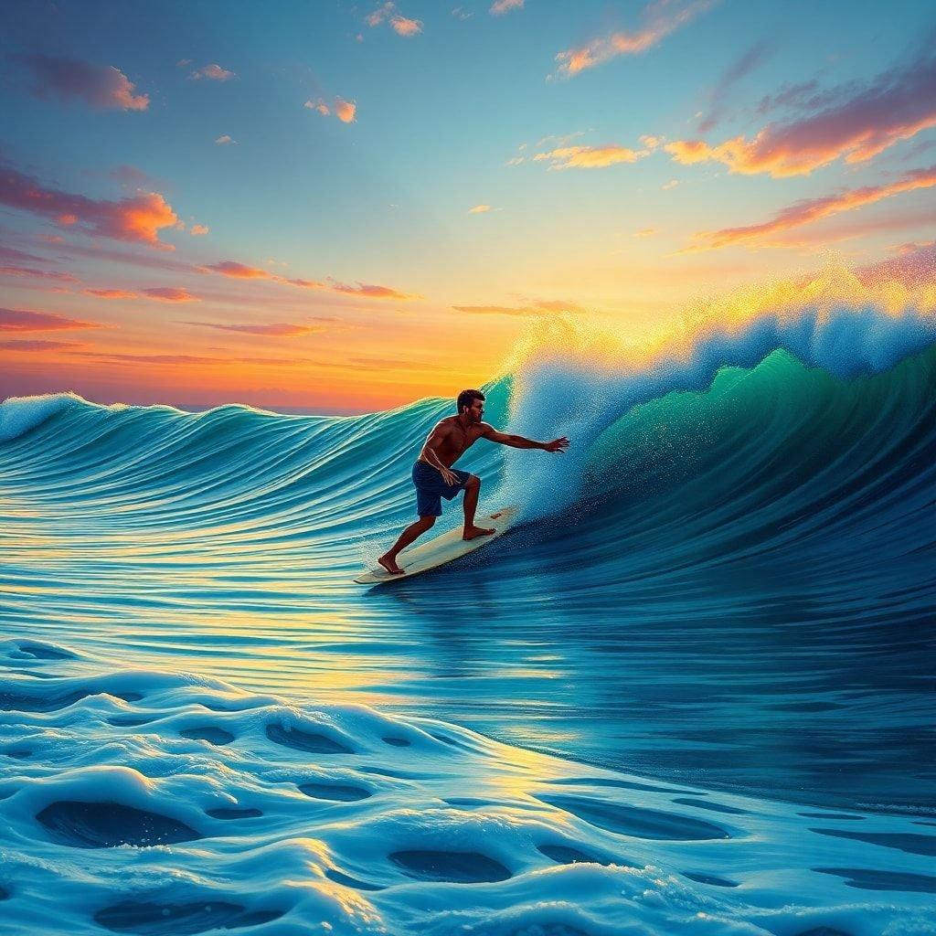 A man riding his surfboard on an ocean wave, enjoying the thrill of the sport. This wallpaper captures the exhilaration of a classic beach activity, perfect for your desktop or mobile device.