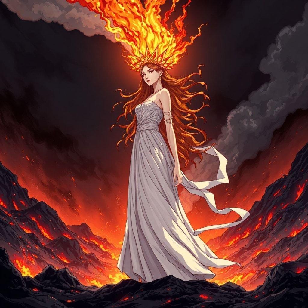 Questo straordinario ritratto anime ritrae una donna misteriosa coronata da fiamme, che si erge alta in un contesto vulcanico infuocato. La sua eleganza in un abito bianco contrasta potentemente con il paesaggio scuro.